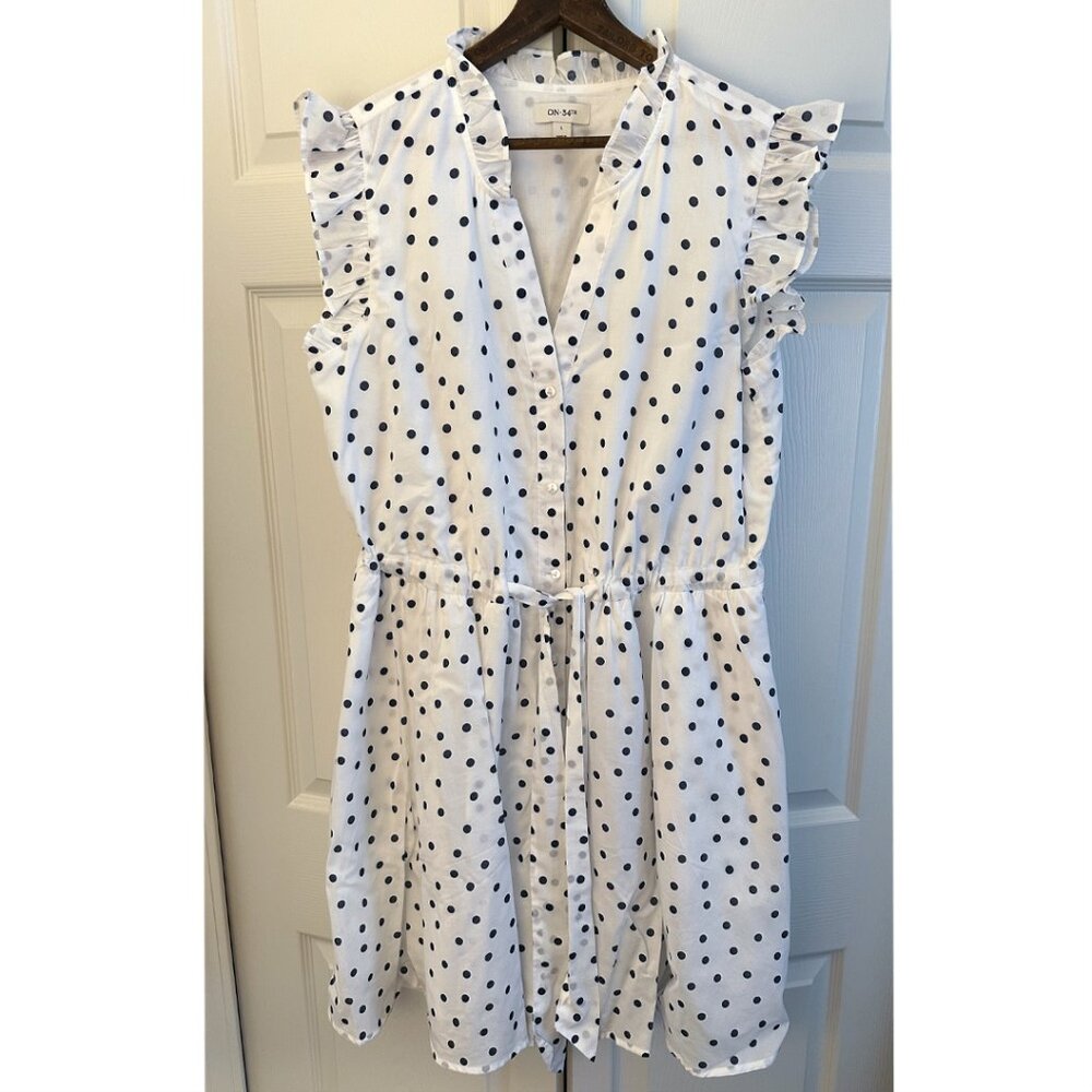 On 34th Navy & White Polka Dot Ruffle Dress, Size L, New Without Tags